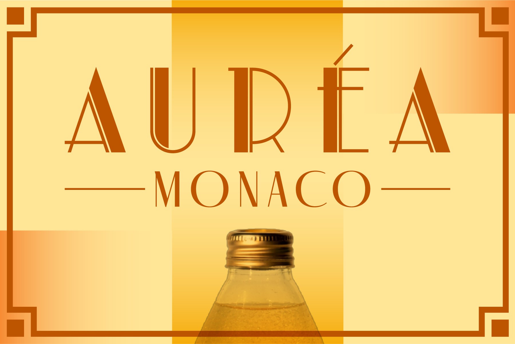 AURÉA Monaco banner: the wordmark in orange on a gold striped field inside a bracketed frame, with a bottle cap rising from the bottom edge