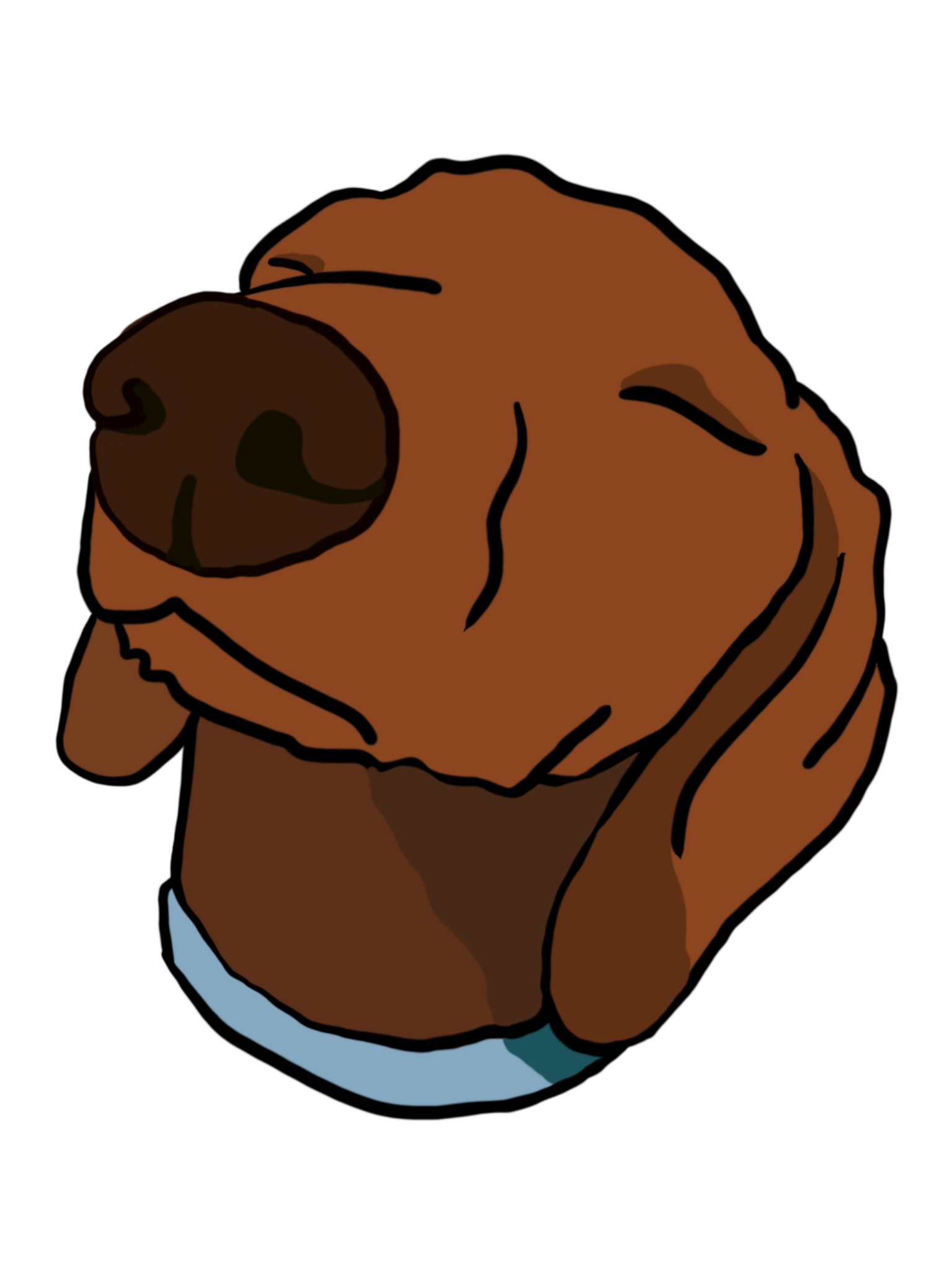 Flat-colour illustration of a brown dog’s head with a blue collar