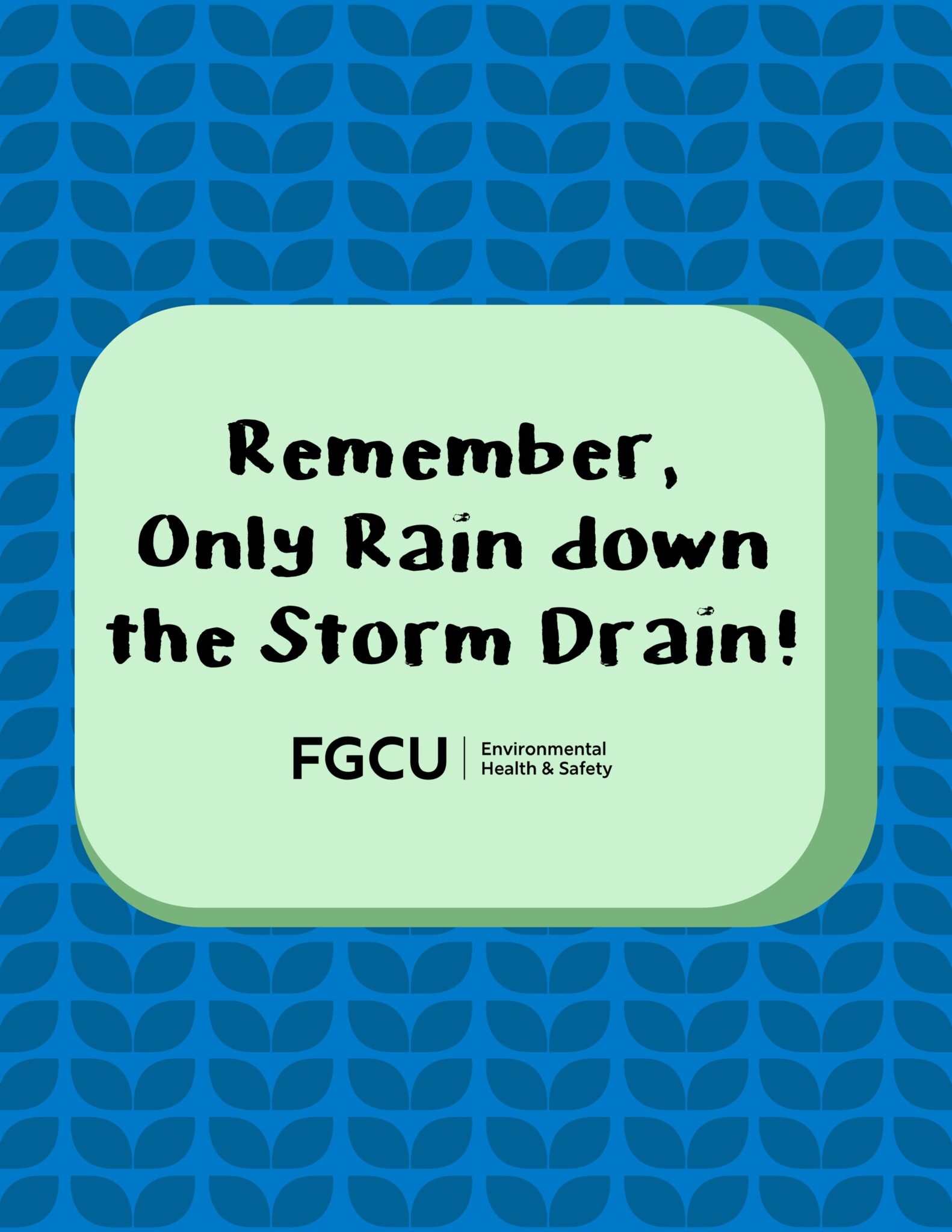 Blue card reading “Remember, Only Rain down the Storm Drain!” with the FGCU Environmental Health & Safety mark