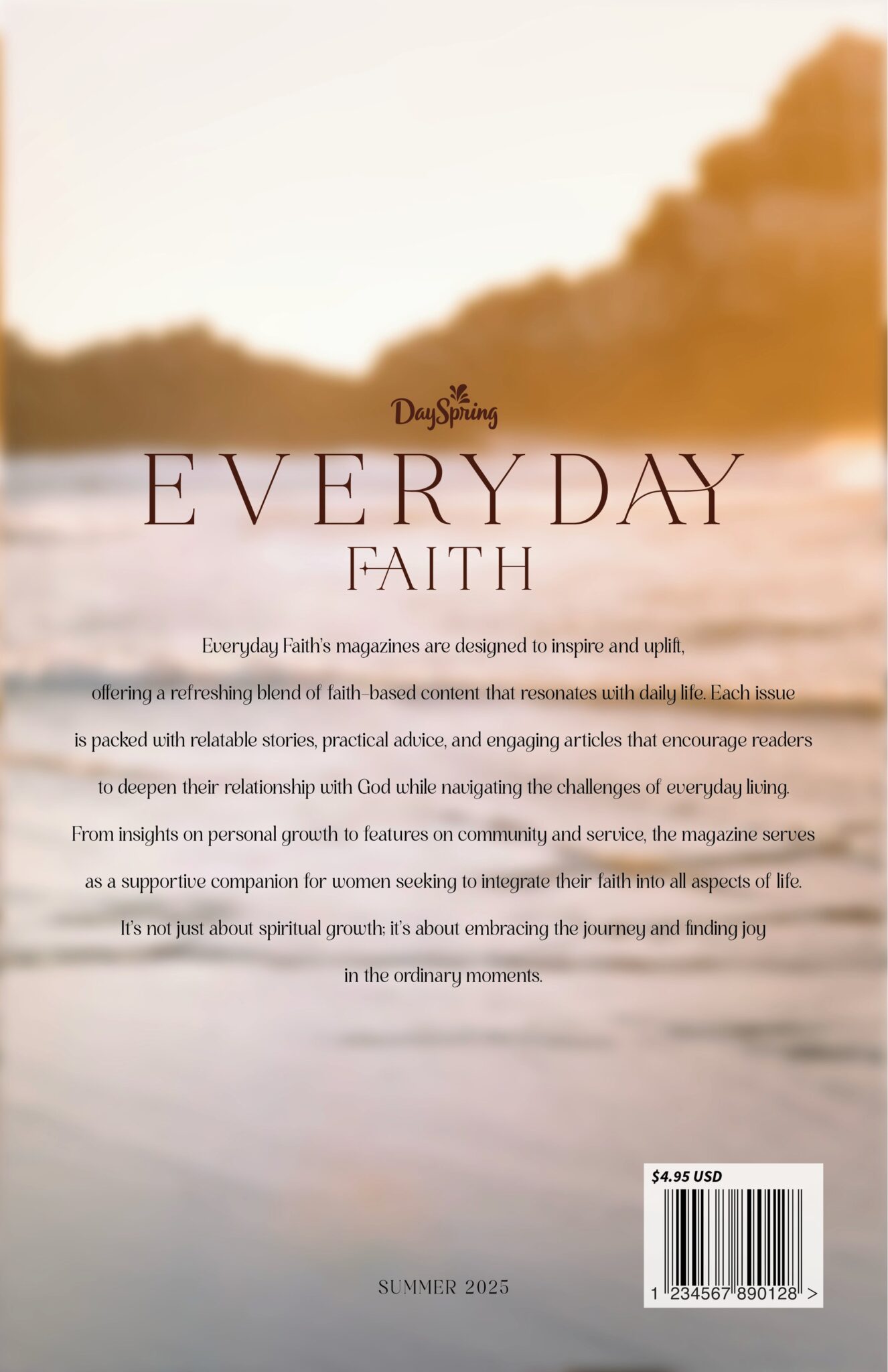 Everyday Faith back cover: the EVERYDAY FAITH masthead over a blurred shoreline photograph, with a short description, price and barcode
