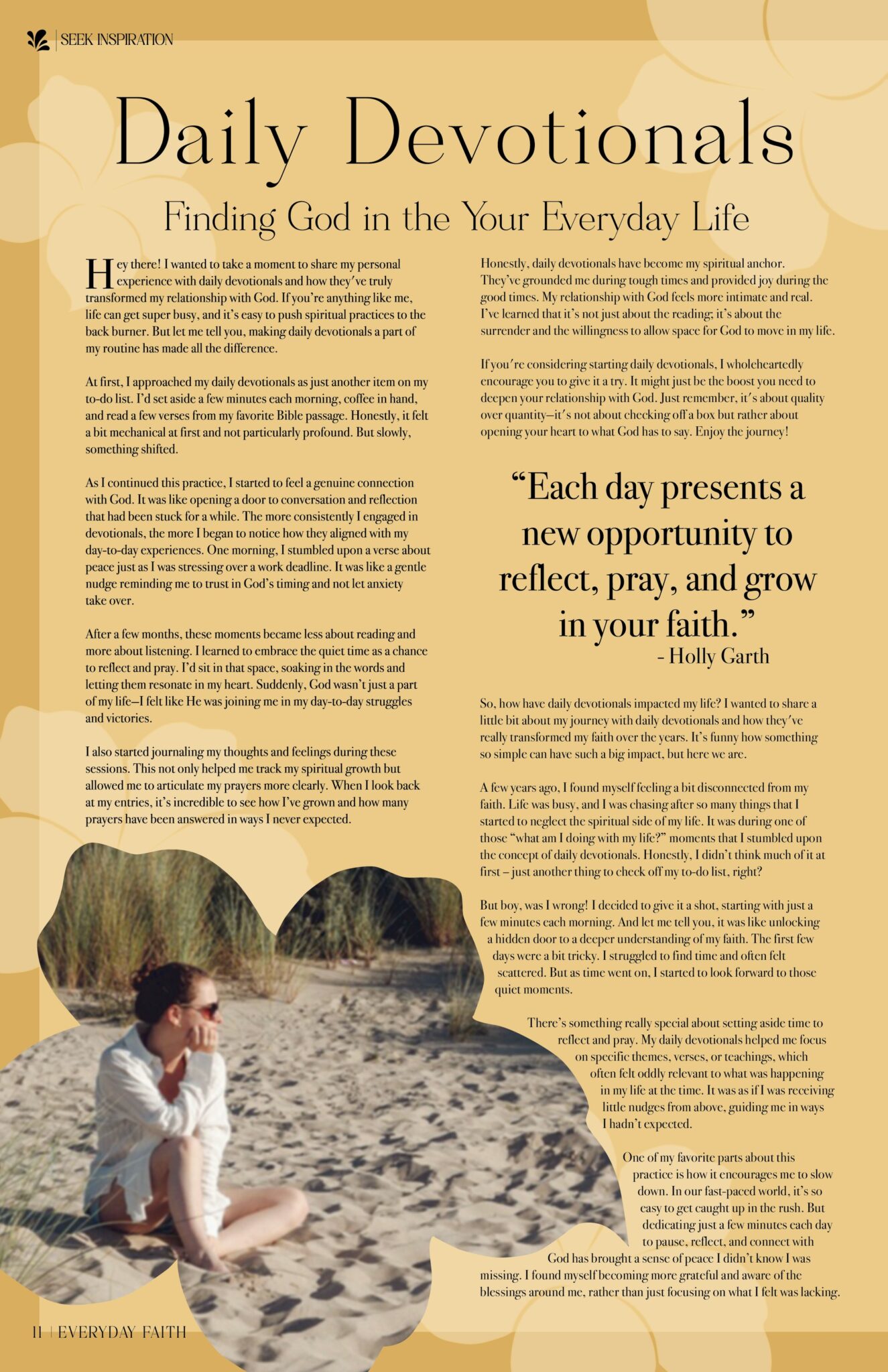 Everyday Faith page “Daily Devotionals — Finding God in the Everyday Life”: two text columns, a pull quote and a photograph of a woman on a beach cut into a flower shape
