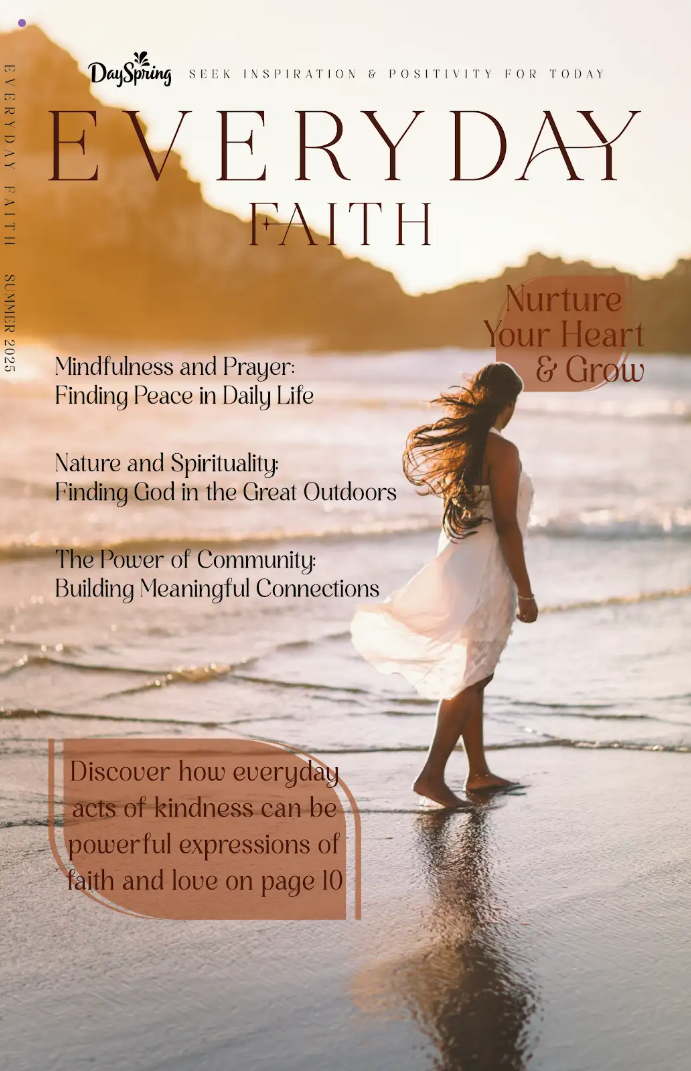 Everyday Faith front cover: the EVERYDAY FAITH masthead in a light spaced serif over a photograph of a woman in a white dress wading at the shoreline, with the cover lines ranged left
