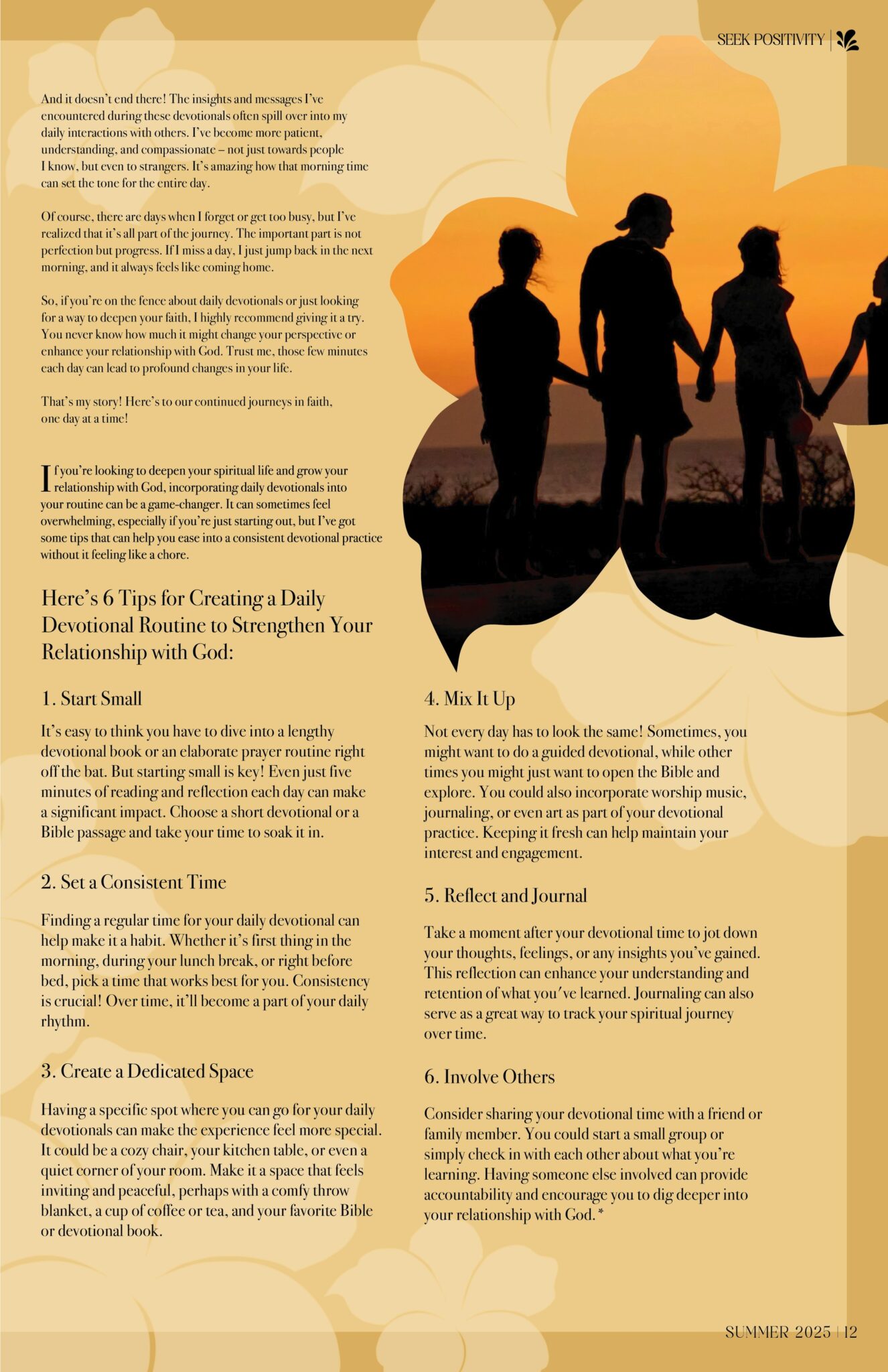Everyday Faith page with a sunset photograph of people holding hands cut into a flower shape, over an article listing six tips for a daily devotional routine