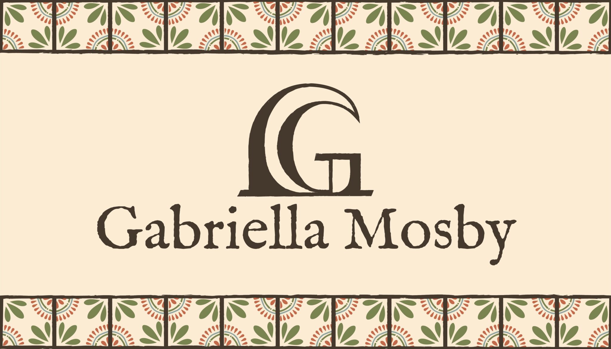 Business card back: the stacked logo between two tile-pattern bands