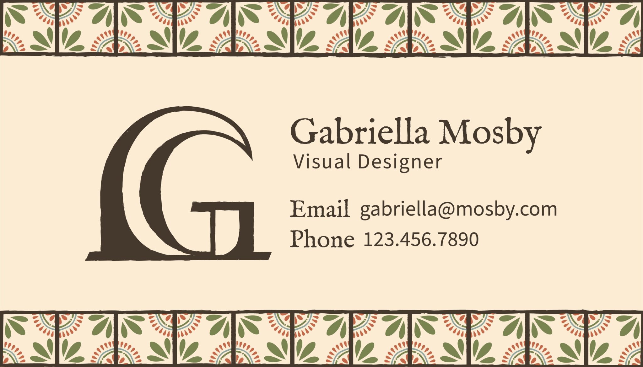 Business card front: the monogram, “Gabriella Mosby, Visual Designer” and placeholder email and phone lines between two tile-pattern bands