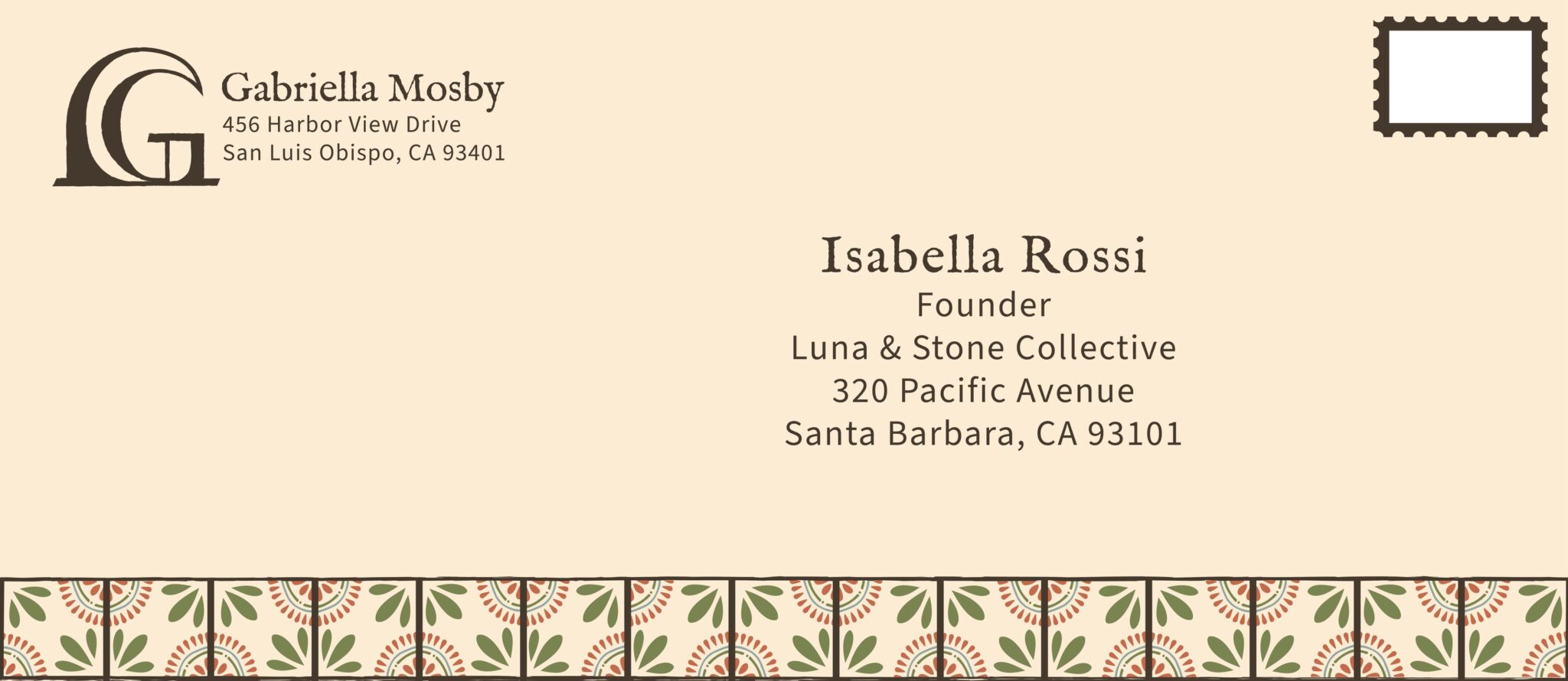 Cream envelope front with the monogram and a placeholder return address at the top left, a placeholder recipient in the centre and the tile pattern along the bottom