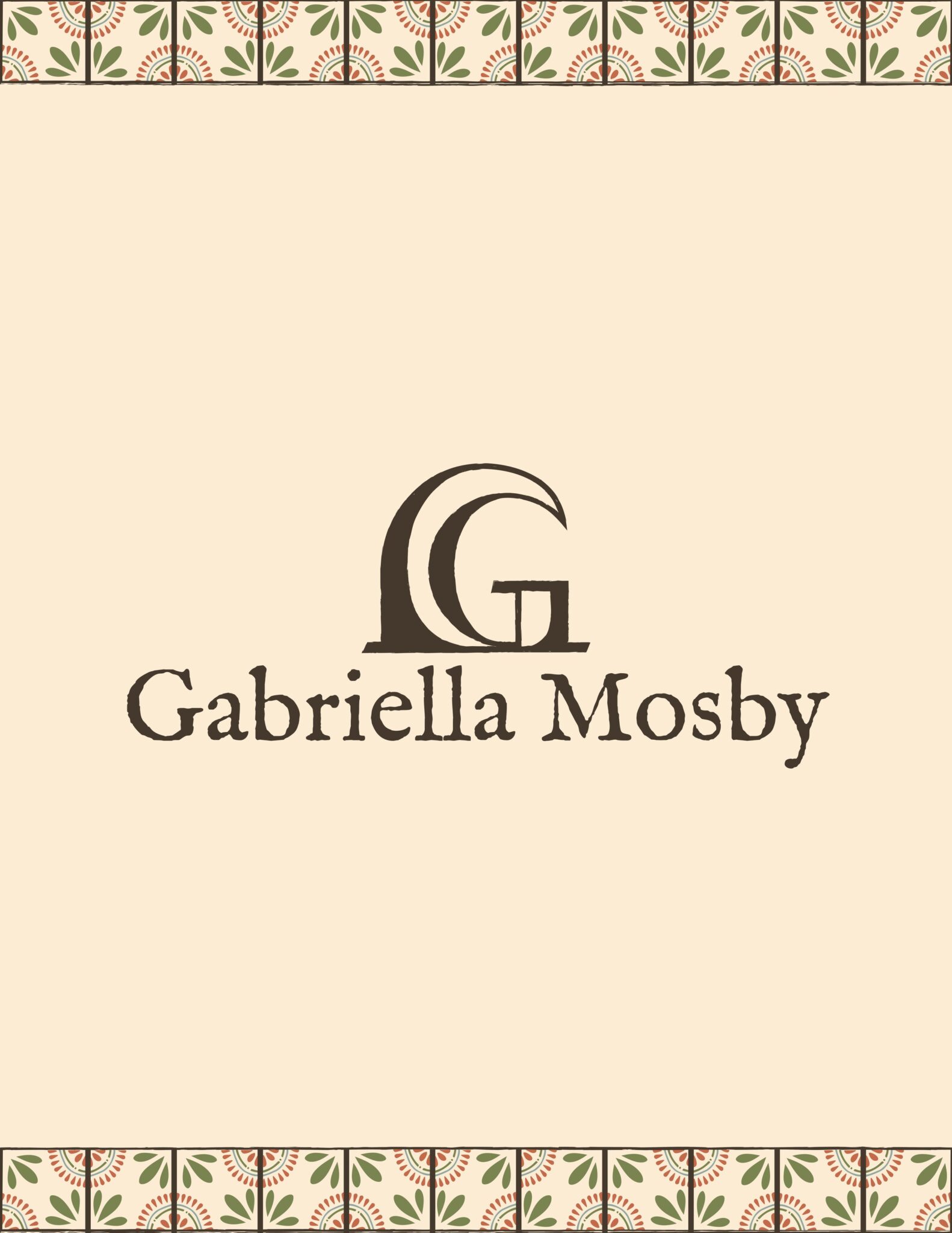 Letterhead: the stacked logo centred on a cream sheet with a tile-pattern band at the top and bottom
