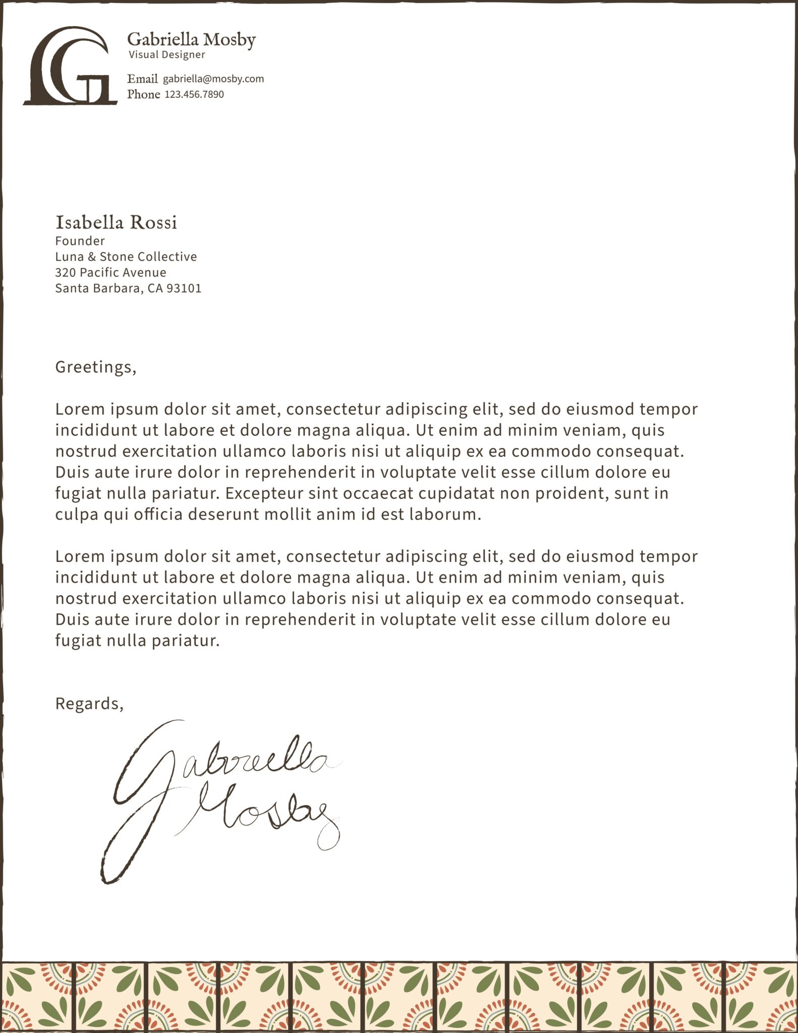 Letterhead on white with the monogram and contact block at the top, a placeholder letter and a handwritten signature, and the tile pattern along the foot
