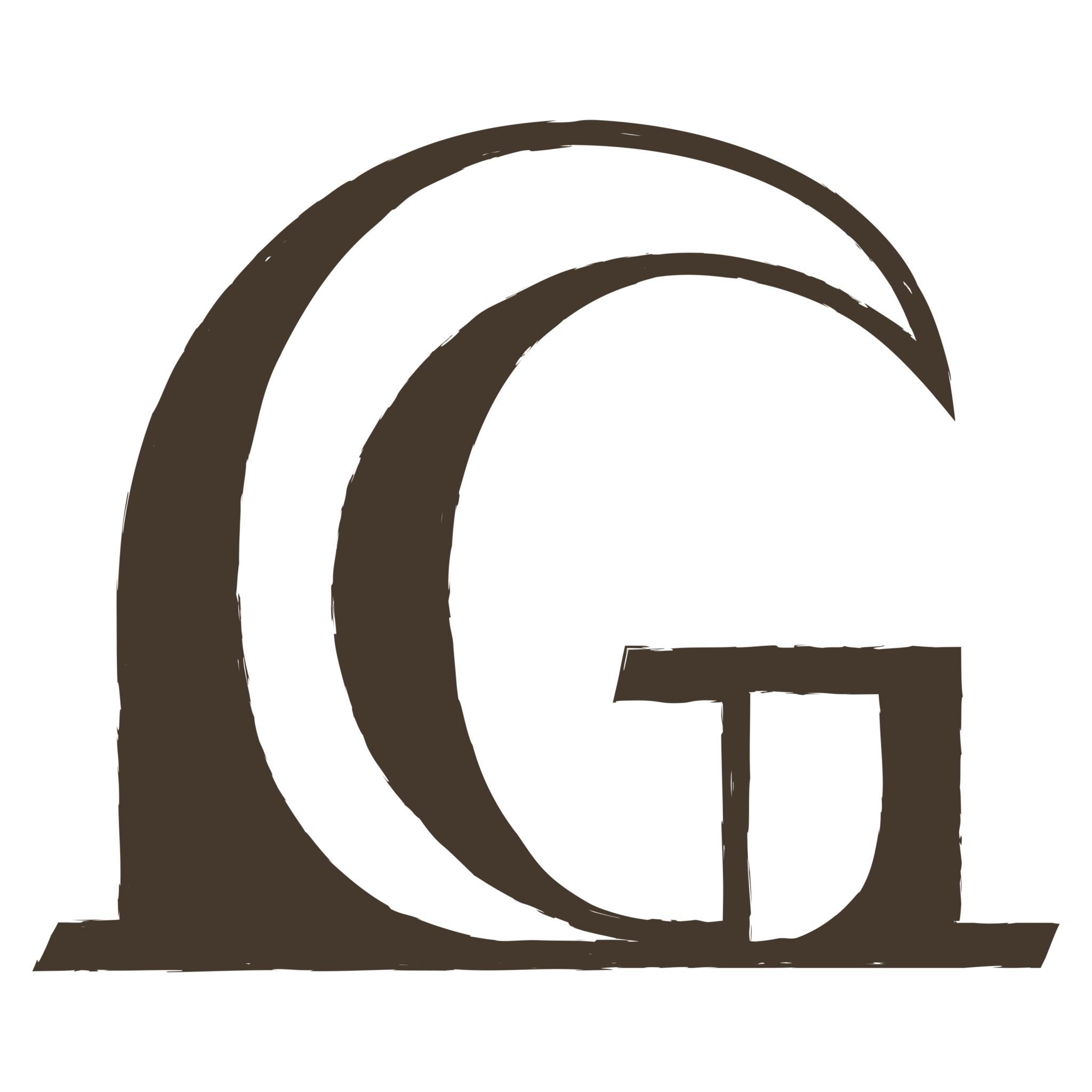 The G monogram on its own: a brushed G that curls into a wave, on a baseline rule