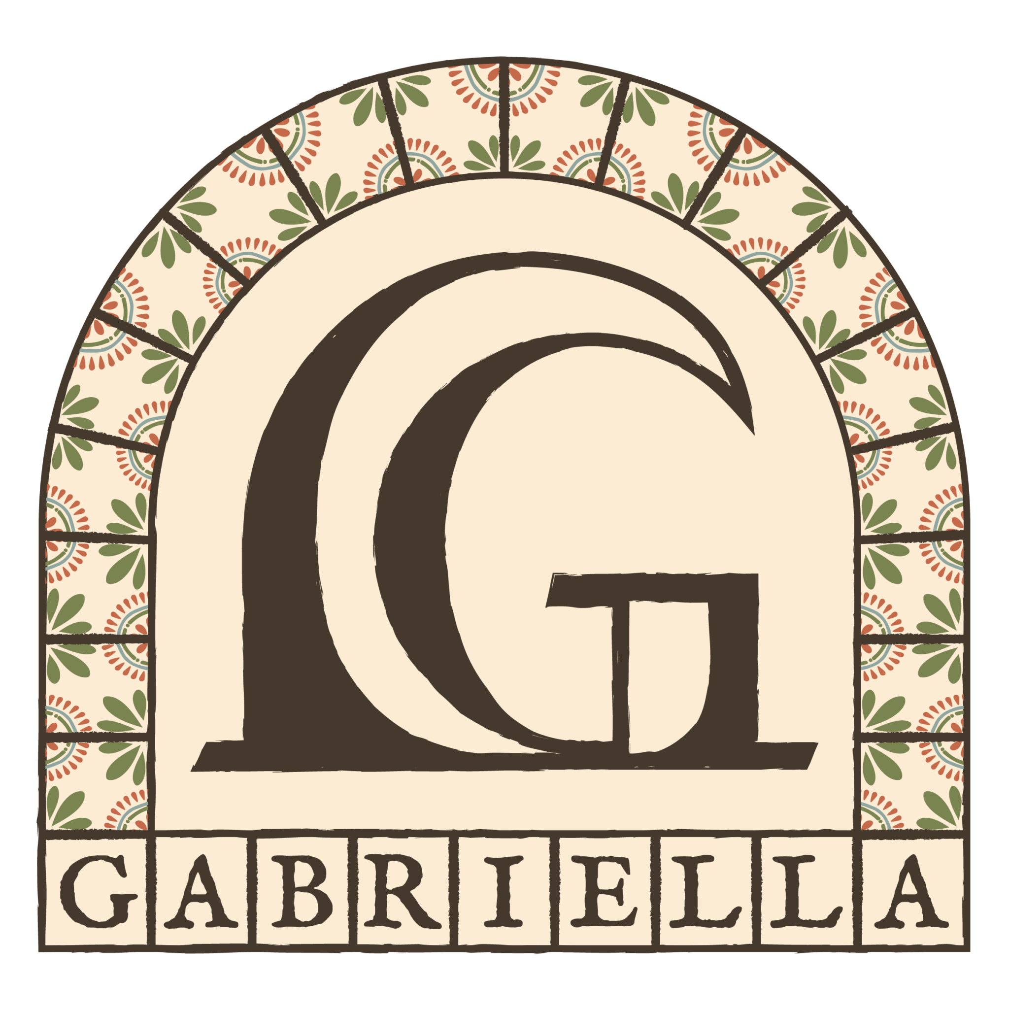 Arch-shaped sticker: the monogram inside a tile-pattern arch with GABRIELLA in lettered tiles along the base