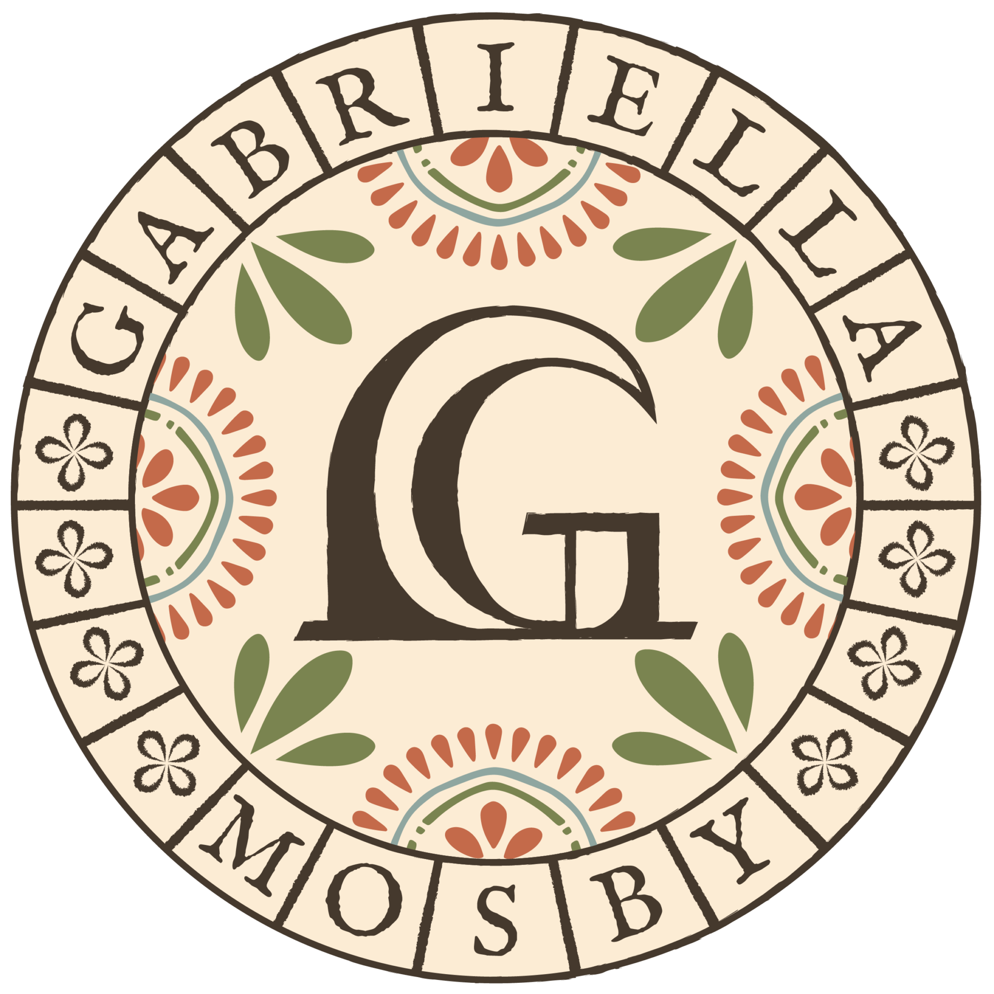 Round sticker: the monogram in a cream circle of leaves and petals, ringed by lettered tiles reading GABRIELLA and MOSBY