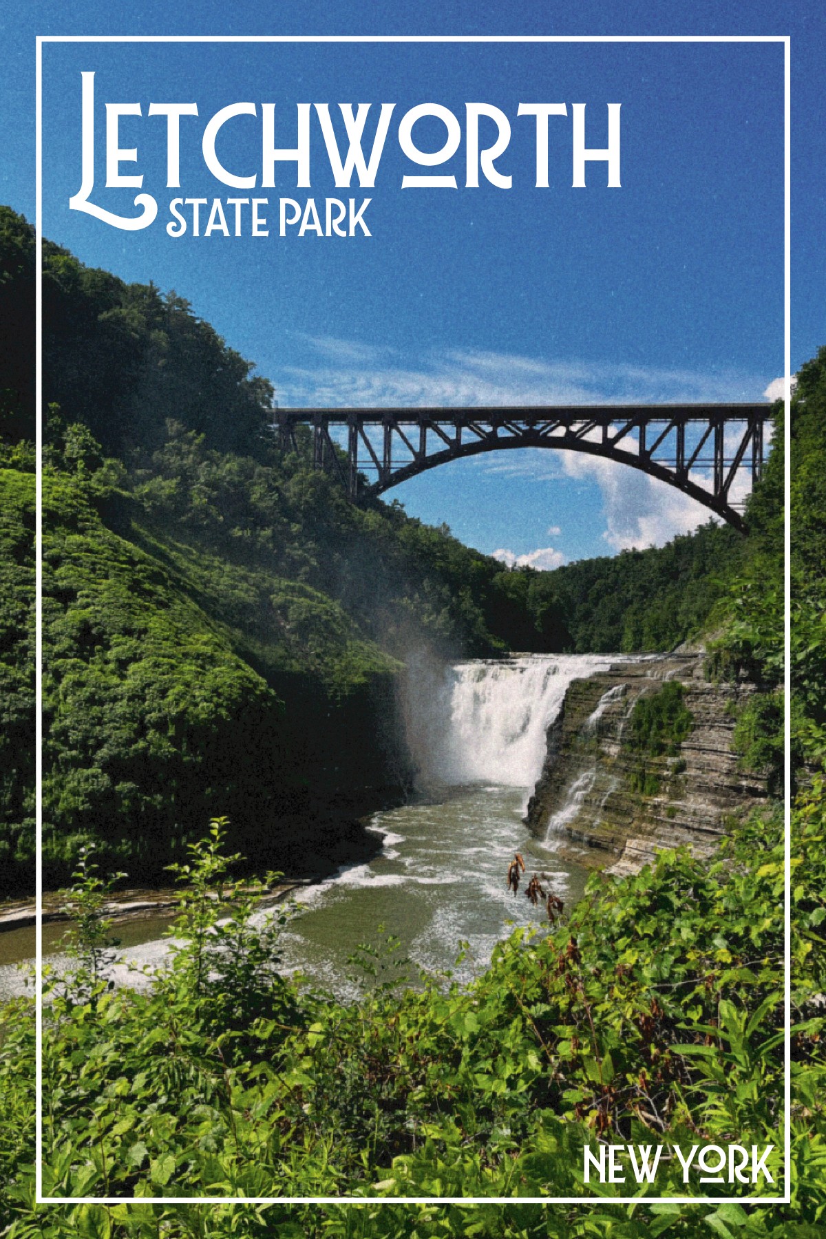 Postcard front: a photograph of a waterfall and railway bridge in a green gorge with “Letchworth State Park” and “New York” in a condensed face