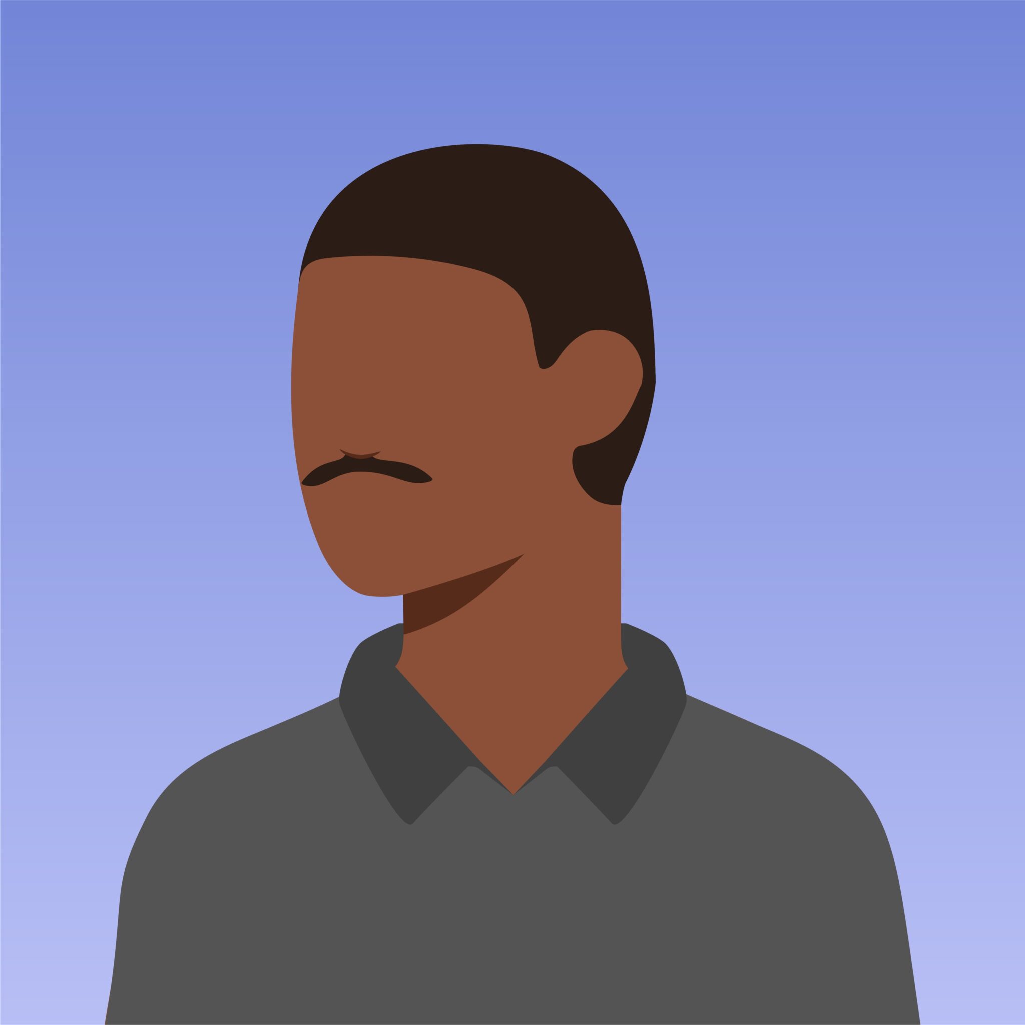 Flat-style illustrated profile of a man with short dark hair and a moustache in a grey collared shirt on a blue gradient