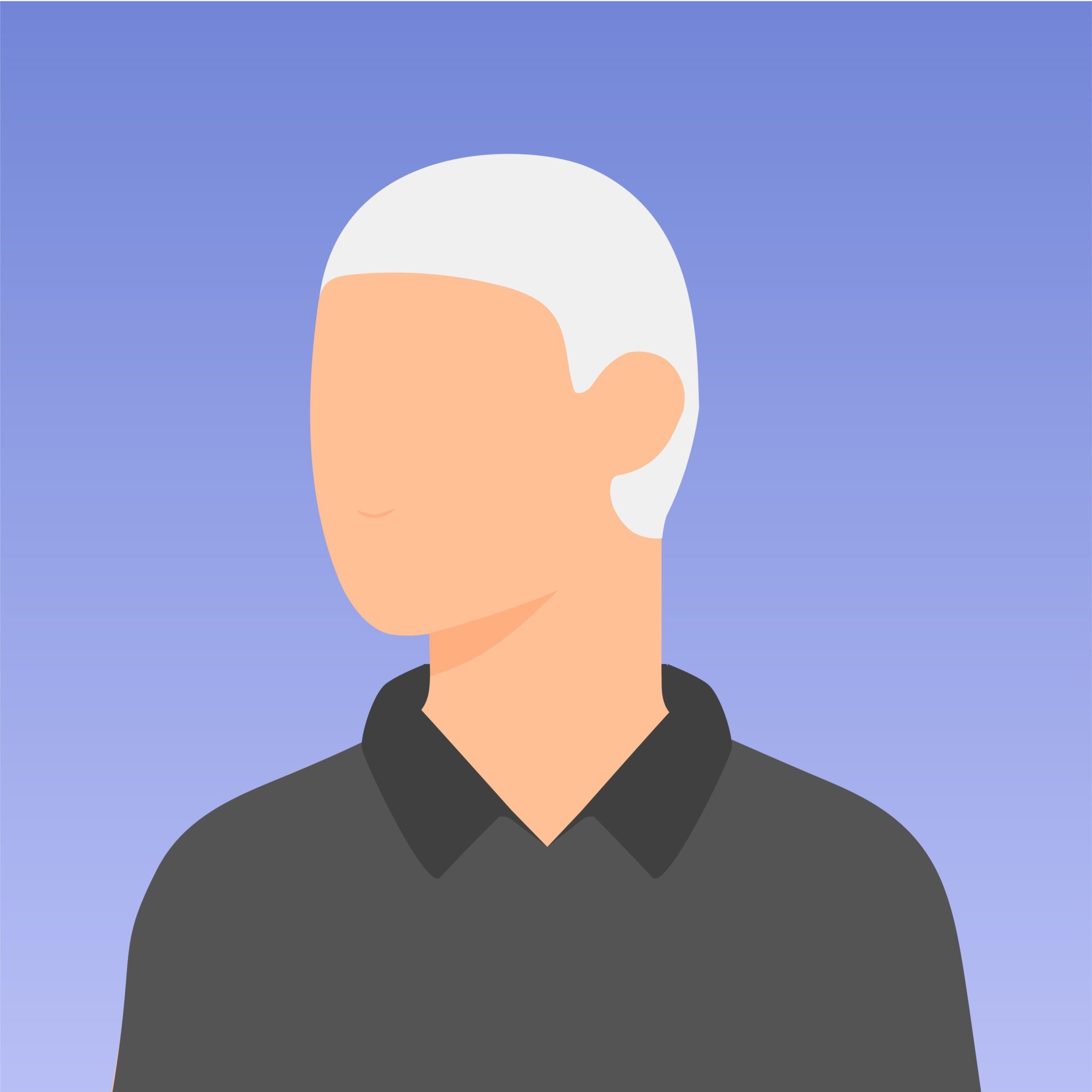 Flat-style illustrated profile of a man with white hair in a grey collared shirt on a blue gradient
