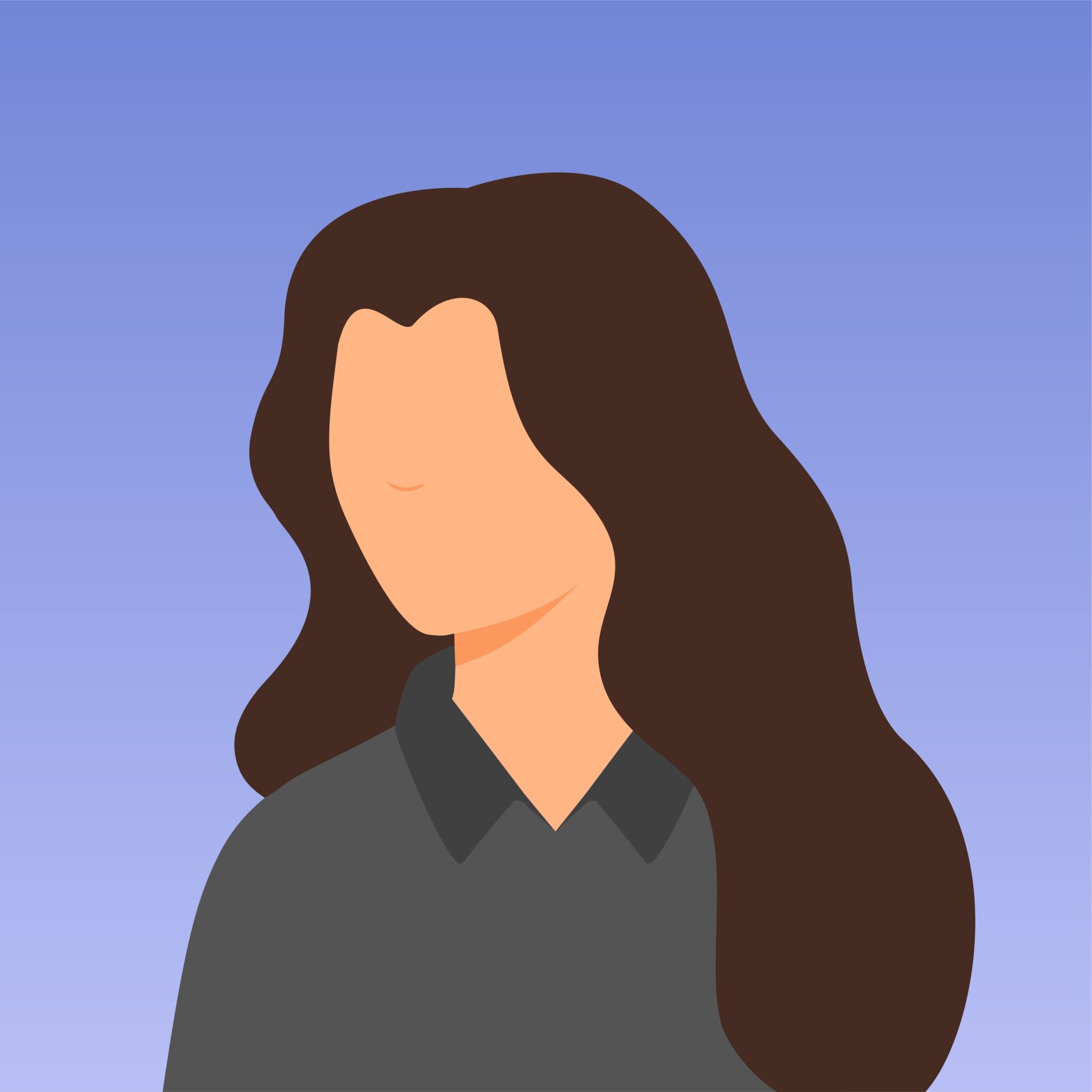 Flat-style illustrated profile of a woman with long dark hair in a grey collared shirt on a blue gradient