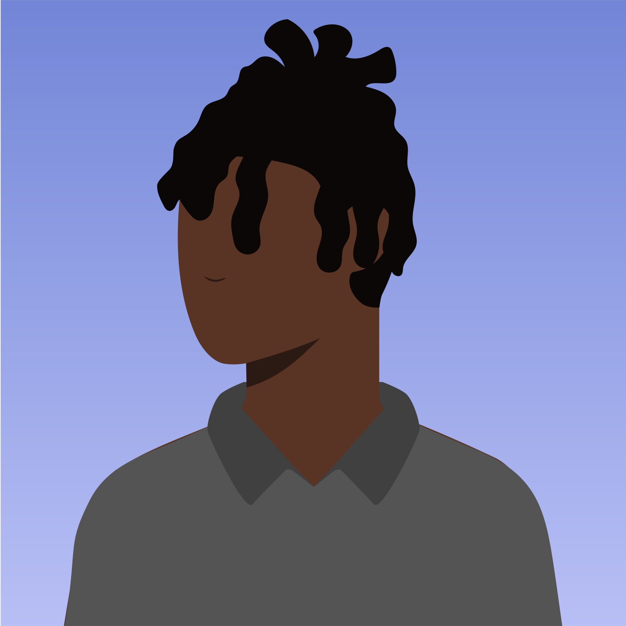 Flat-style illustrated profile of a man with short locs in a grey collared shirt on a blue gradient