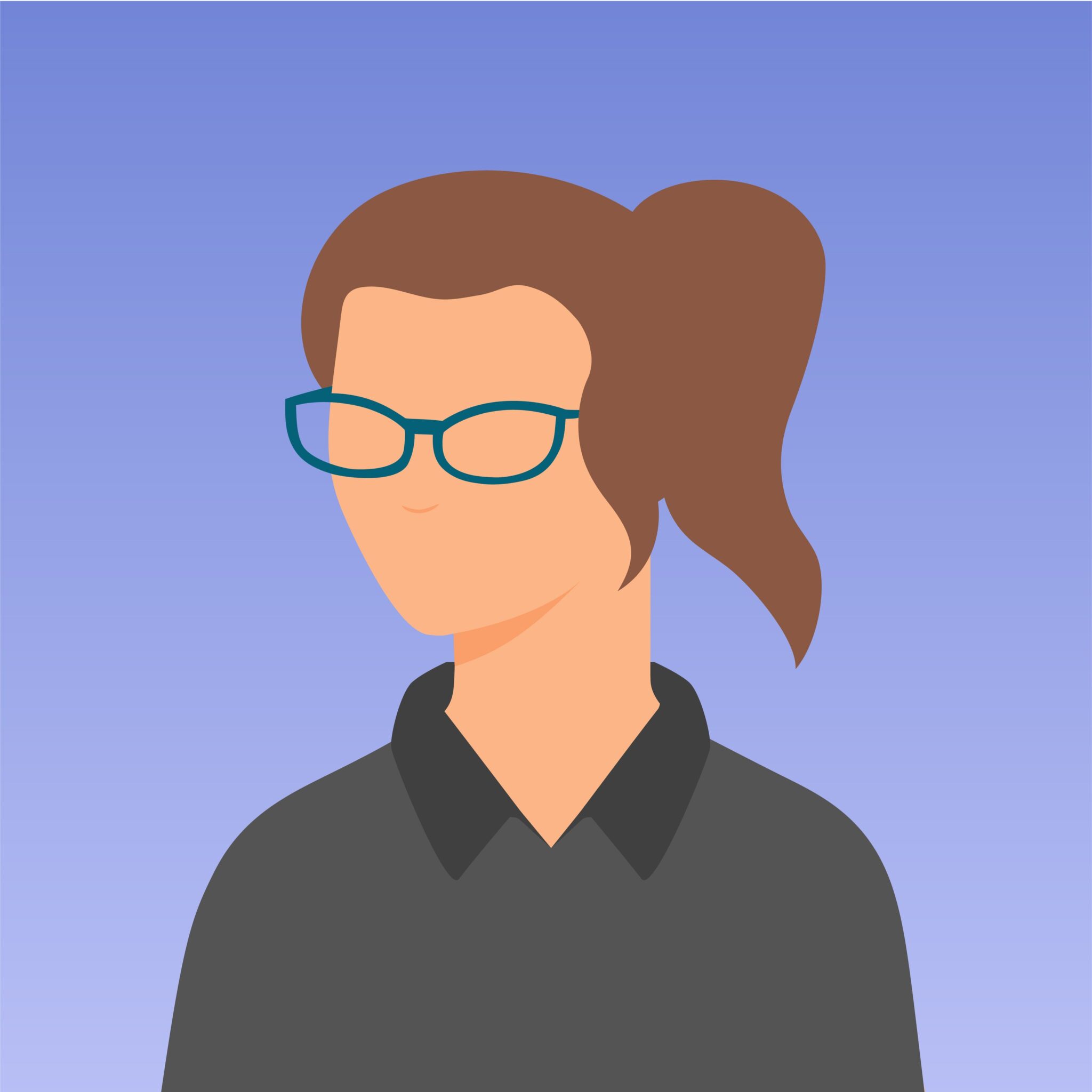 Flat-style illustrated profile of a woman with a ponytail and teal glasses in a grey collared shirt on a blue gradient