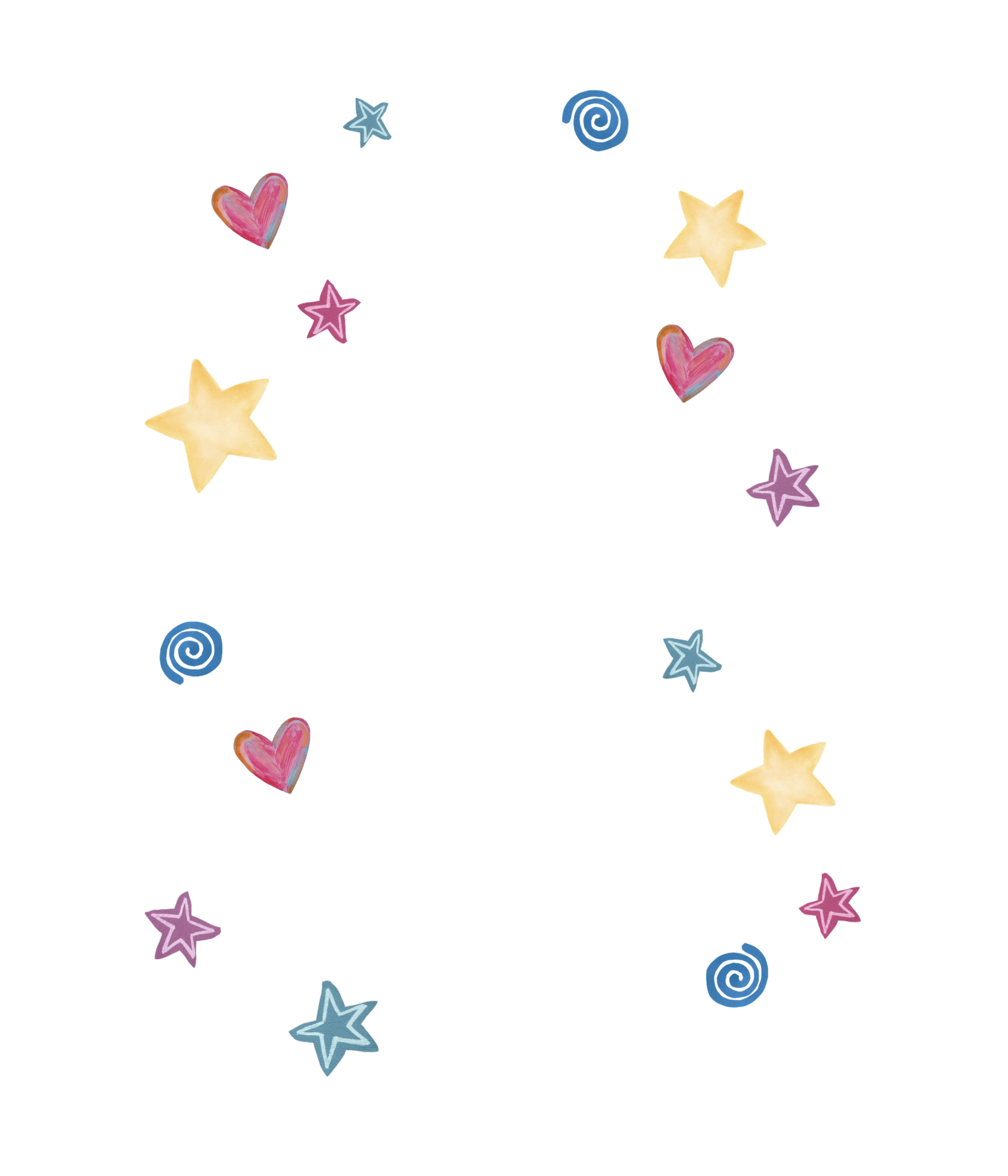Scattered hand-drawn stars, hearts and spirals in pink, yellow and blue