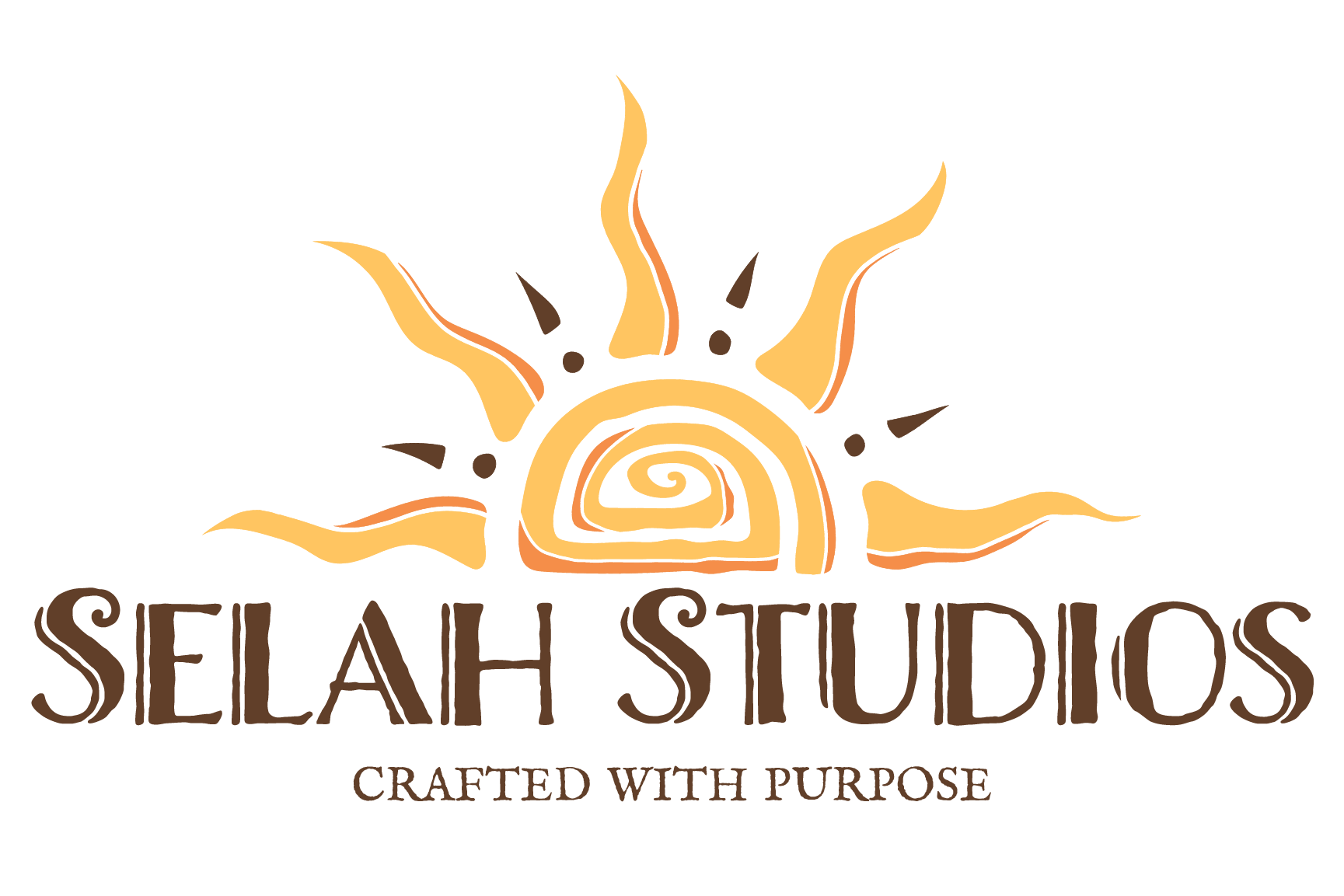 Selah Studios logo: a hand-drawn sun with a spiral centre above the serif wordmark and the line “Crafted With Purpose”