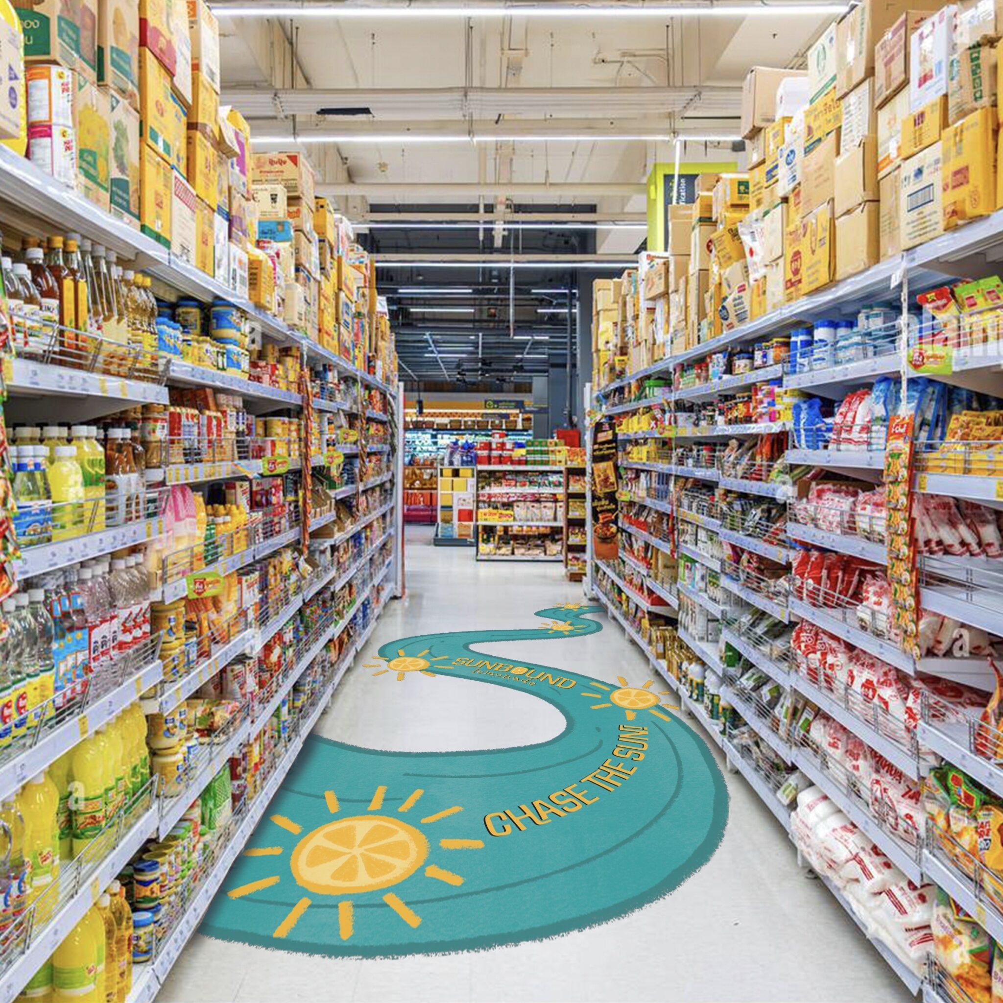 Mockup of a teal S-shaped Sunbound floor decal with suns and “chase the sun” running down a grocery aisle