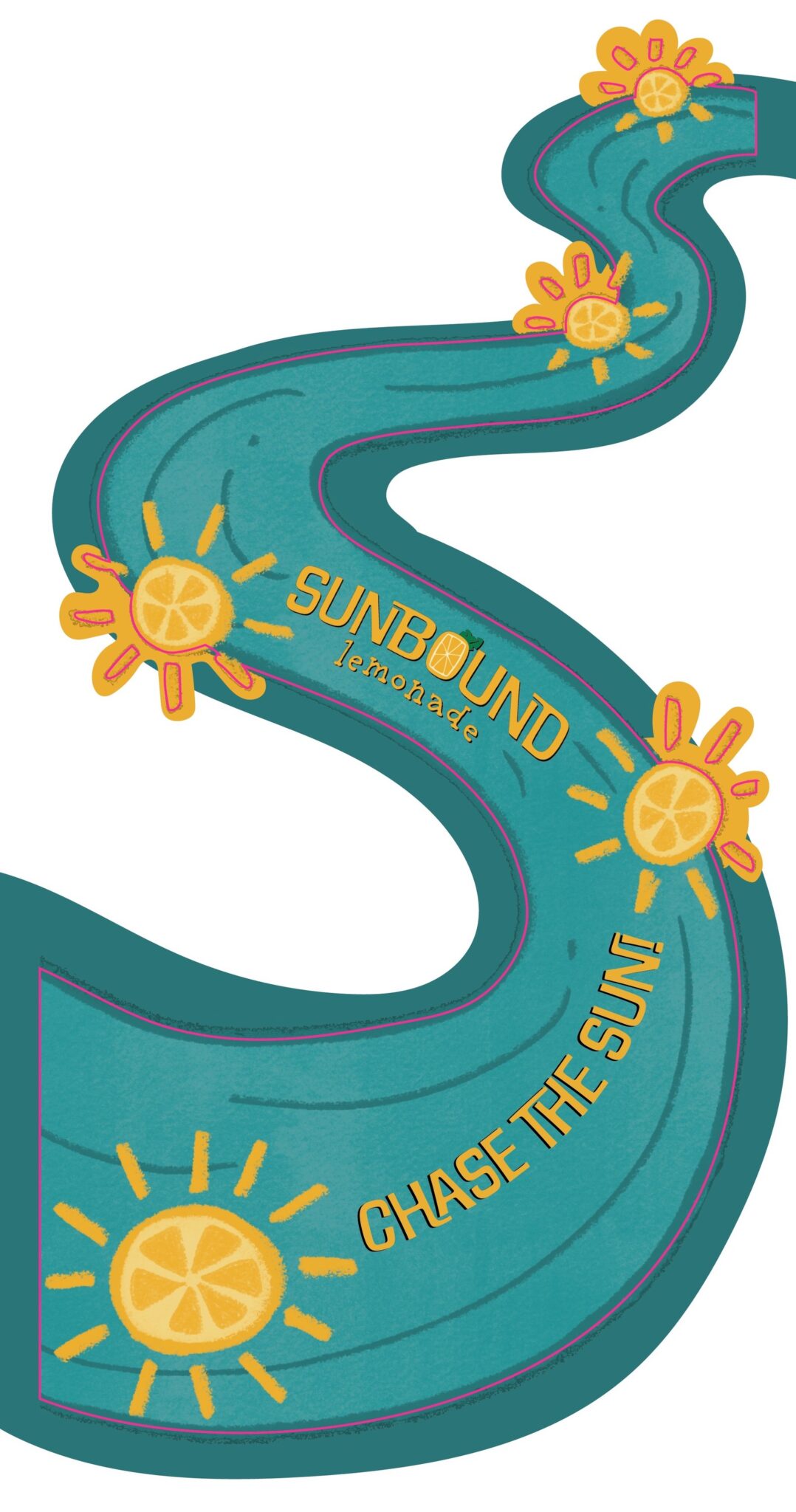Sunbound floor decal artwork: a teal S-shaped path with orange suns, the wordmark and “chase the sun!”